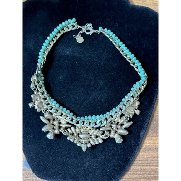 Vintage Silver Tone Chain Statement Sea Green Grey White Rhinestones 16" - Picture 4 of 4